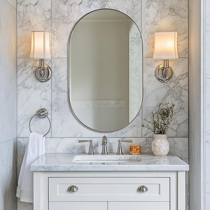ANDY STAR Chrome Oval Mirror for Bathroom, 20x33 Inch Pill-Shaped Chrome Mirrors for Wall in Thin Frame Deep 1’’ Ideal for Limited Space