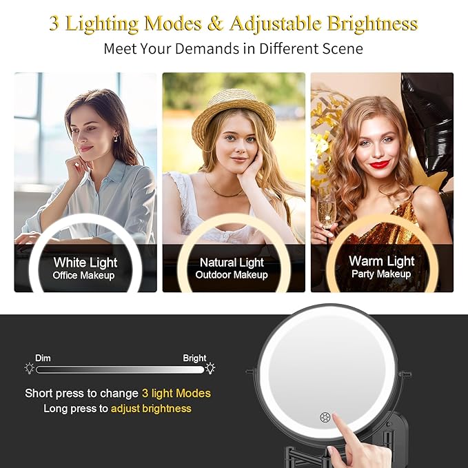 FUNTOUCH 20X/3X Rechargeable Wall Mounted Makeup Vanity Mirror with Lights, Double Sided Magnifying Wall Mount Mirror,3 Color Lighting, Touch Screen Dimming,Extension Arm 360 Rotation Wall Mirrors