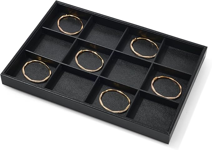12 Grids Black Leather Jewelry Trays Stackable Jewelry Organizer Trays For Drawer Bracelet Earring Display Watches Brooches Display (Black)