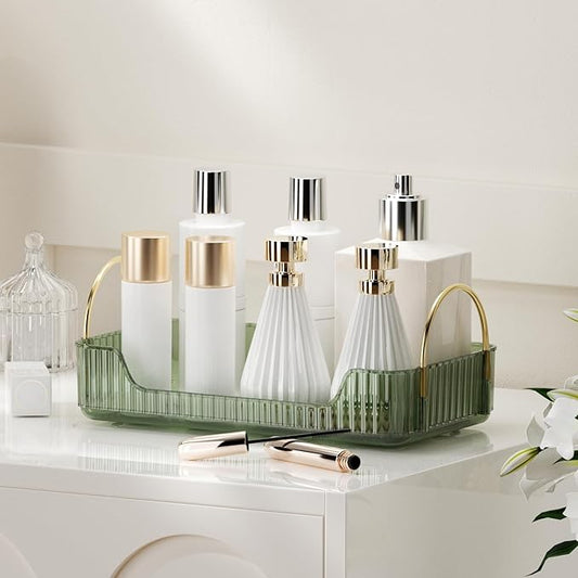 YCIA&DONE Bathroom Organizer Countertop, Makeup Storage, Skincare Cosmetic Tray Shelf, Perfume Holder Rack for Vanity Counter, Large Capacity, Easy to Install, Clean, 1 Tier, Vintage Green