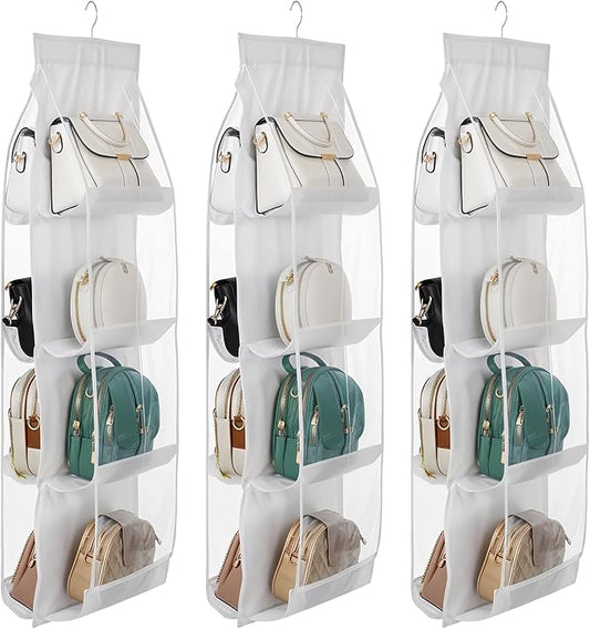 3Pack Hanging Handbag Organizer for Closet – 8 Clear PE Pockets, Space-Saving Purse Storage Holder (White, 41” x 13.5”)