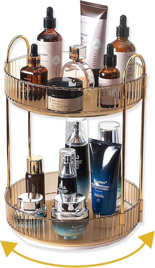 360 Rotating Gold Makeup Organizer,2 Tier Large Capacity Rotating Makeup Organizer,SkincarePerfume Organizer,Bathroom Cosmetics Storage Organizer Countertop (Gold-2 Tier)