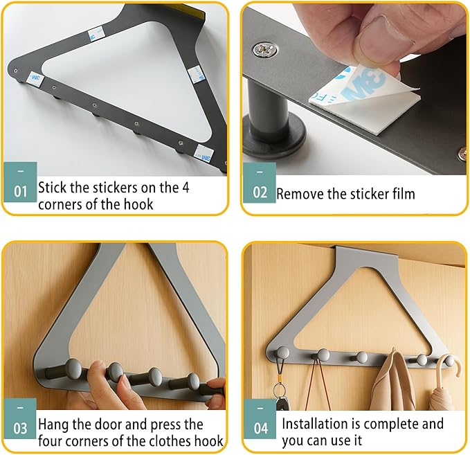Grey Door Hook Metal Material Integrated Triangle 6 Hooks for Hanging Clothes, Hats, Hangers, Wallets, Towels, Keys on The Door