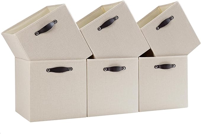 Storage Cube Bins | 7.7 oz/yd² Fabric Cubby Organizer Baskets for Shelf, Bookcase, Closet, Cabinet, Wardrobe | 11x11 Cube Drawer | 6 Pack, Beige, 10.5x10.5x11 Inch