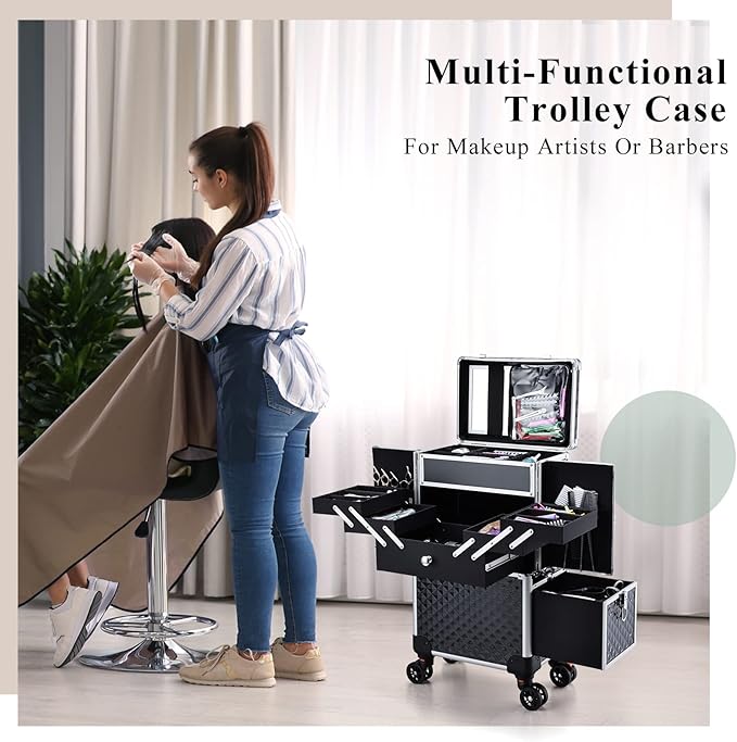 Adazzo Professional Makeup Artist Rolling Train Case Multi-functional Cosmetic Train Case Large Trolley Storage Case for Nail Technicians Cosmetology Case with Compartments for Hairstylist (Black)