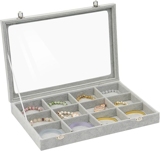 KOOAAICCHI Jewelry Organizer Bracelet Organizer Storage Box 12 Grid Stackable Jewelry Tray with Lid Velvet Jewelry Box Case Organizer for Home Drawer Desk or Store Selling Show(Velvet Grey)