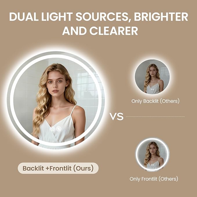 LED Bathroom Mirror 36 Inch Round Bathroom Mirror with Lights, Circle Wall Mirror with 3 Colors Brightness, Anti-Fog for Bathroom Vanity, Entryway Living Room
