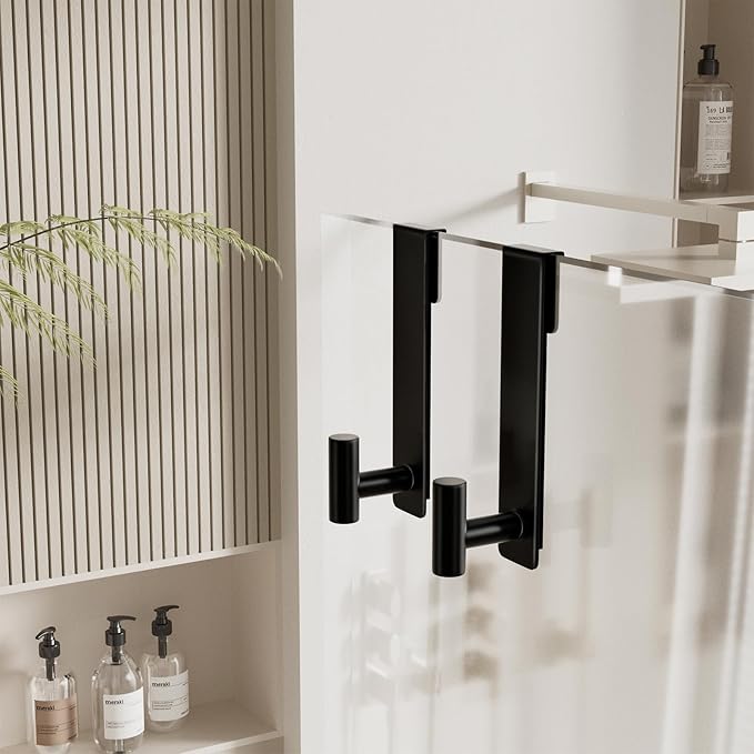 WUIVIUT T-Shape Heavy-Duty Stainless Steel Over The Glass Door Hooks - Frameless Glass Door Hooks for Bathroom Shower Towel Holder 19 cm Hook for Robe,Towels,Shower(T Shape 2 Pack, Fits 3/8'' Thick)