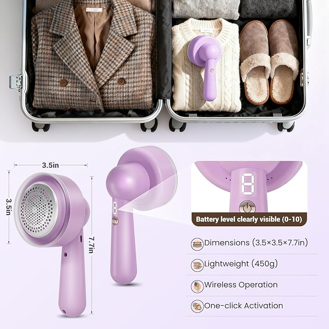 DBC 2.7' Large Purple Electric Fabric Shaver and Lint Remover,2-Hour Runtime,3-Speed, 6-Blade Design