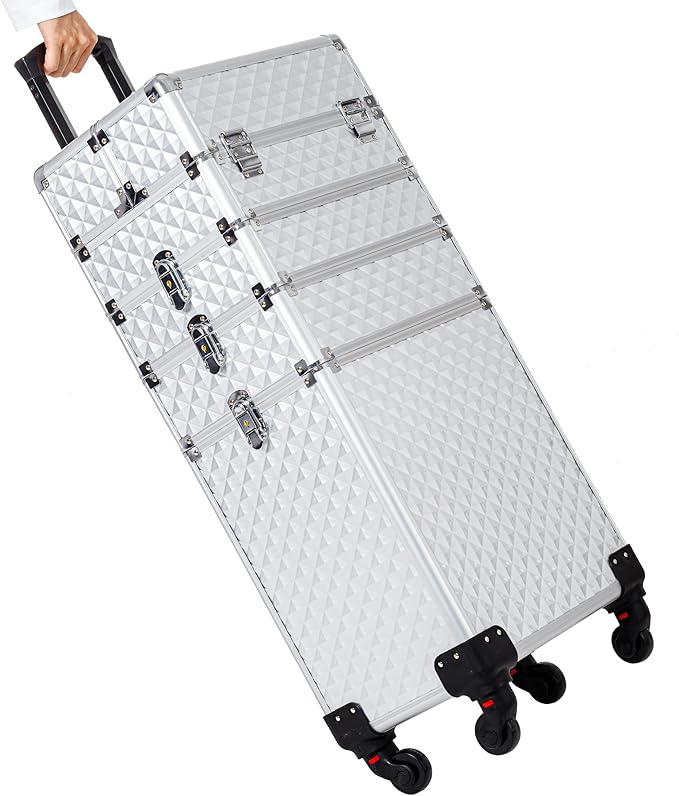 AROUS Rolling Makeup Train Case 4 in 1 Cosmetology Case on Wheels Large Storage Cosmetic Trolley with Key Salon Barber Case Traveling Cart Trunk, Silver