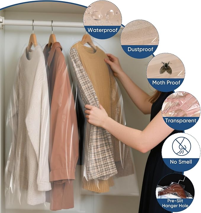 100 Pack 23.6"x40" Garment Bags for Hanging Clothes, Thick Clear Plastic Dry Cleaning Covers for Closet Storage & Travel