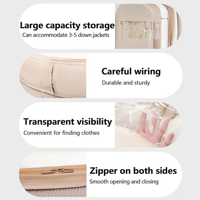 Space Saving Hanging Garment Bag with Self Compression Zipper，Dust Cover Clothes Bags for Down Coat,Dress,Suit，Closet Storage Organizer for Home Travel Use (Pink, XL)