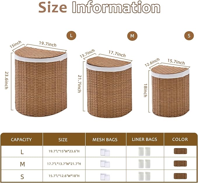 Wicker Half Moon Laundry Basket with Lid and 2 Replaceable Liner Bags, Handwoven Rattan Hamper for Dirty Clothes, Rattan, 120L