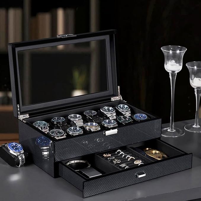 BEWISHOME High-End Watch Case, 12-Slot Wooden Watch Box with Valet Drawer, 2-Layer Watch Organizer Watch Display Case for Jewelry, Watch Storage Holder for Men Women Black SSH02A