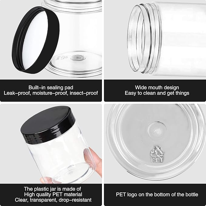 Plastic Jars with Lids 8OZ 36PCS,Small Cosmetic Slime Containers Clear Travel Round Jars Empty Refillable Sample Containers Leak Proof Pot with Black Lids for Lotion, Cream, Cosmetics