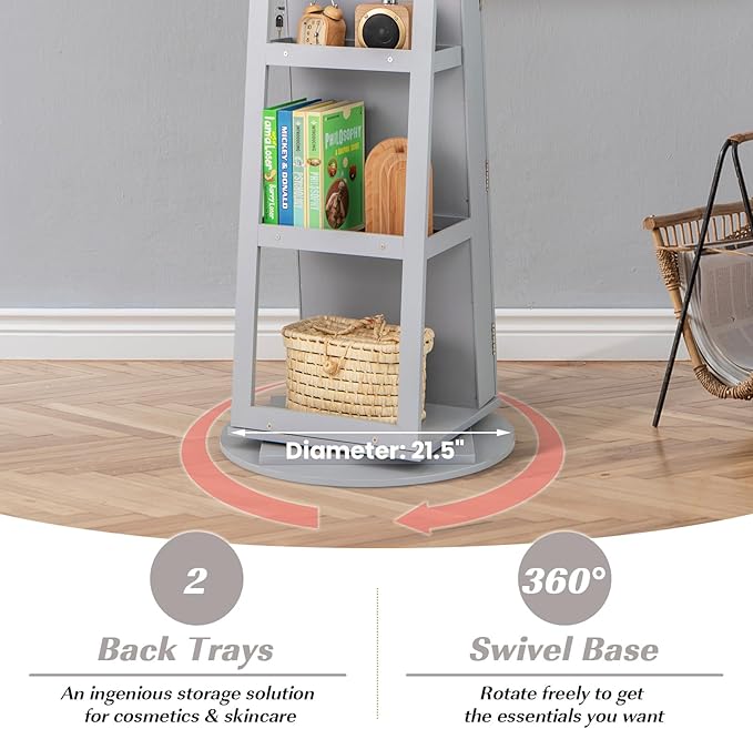GOFLAME 360° Rotating Jewelry Cabinet with Full-Length Mirror, Freestanding Jewelry Armoire with 3-Color LED Light and Back Storage Shelf, Lockable Jewelry Organizer for Bedroom Cloakroom, Gray
