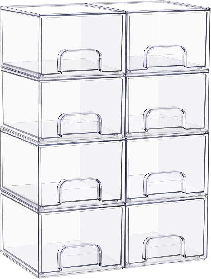 Sorbus Stackable Acrylic Storage Drawers, 8 Pack Clear Plastic Organizer Bins for Baby Bottles, Makeup, Bathroom, Vanity & Kitchen Countertop Organization, Pull-Out Drawer Design for Cabinets & Pantry