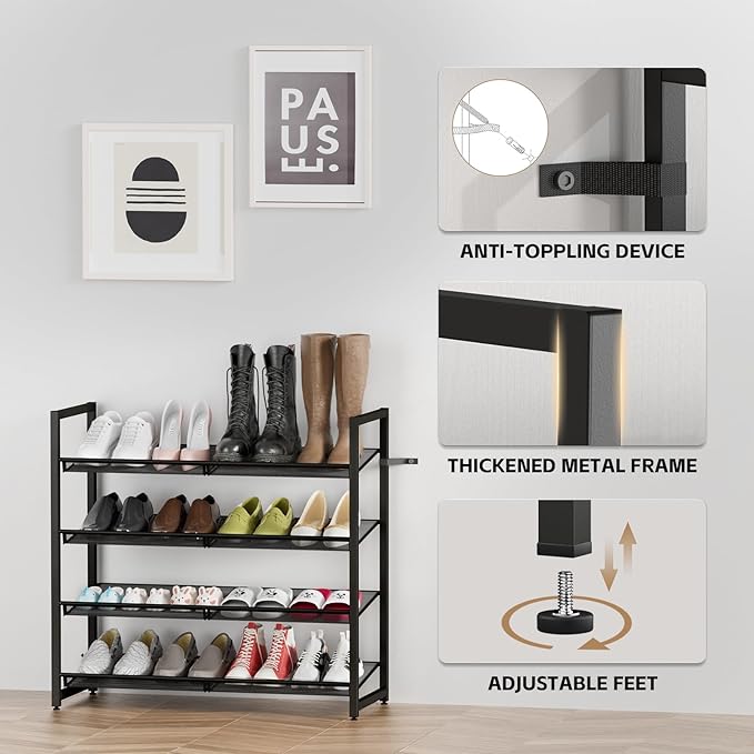 Metal Shoe Rack for Closet,entryway, 4-Tier Shoe Organizer, Adjustable Flat or Angled Shelves, Holds up to 20 Pairs Shoes, Black