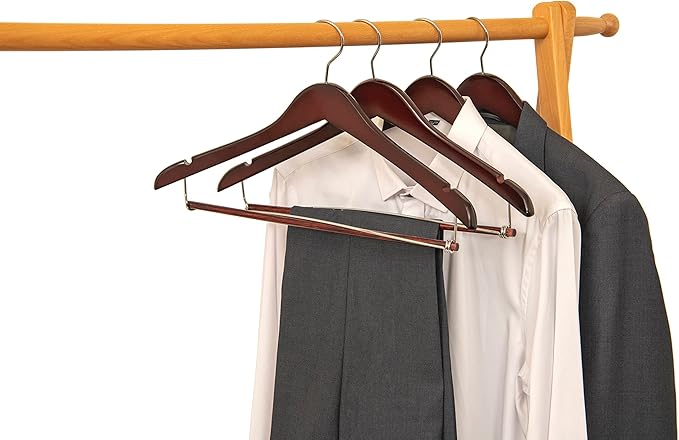 Quality Hangers Wooden Hangers Beautiful Sturdy Suit Coat Hangers with Locking Bar Chrome Hooks (100)
