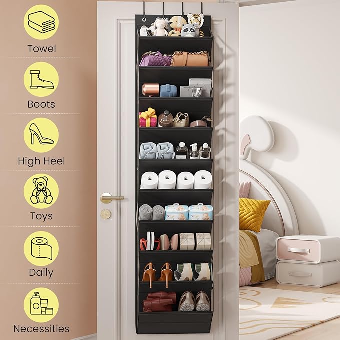 10 Tier Clear Over the Door Shoe Organizer with Deep Pockets, Door Shoes Rack with Hard Tube to Keep the Shape, Hanging Shoe Rack for Closet Organizers & Storage, Behind Door Shoe Holder Black