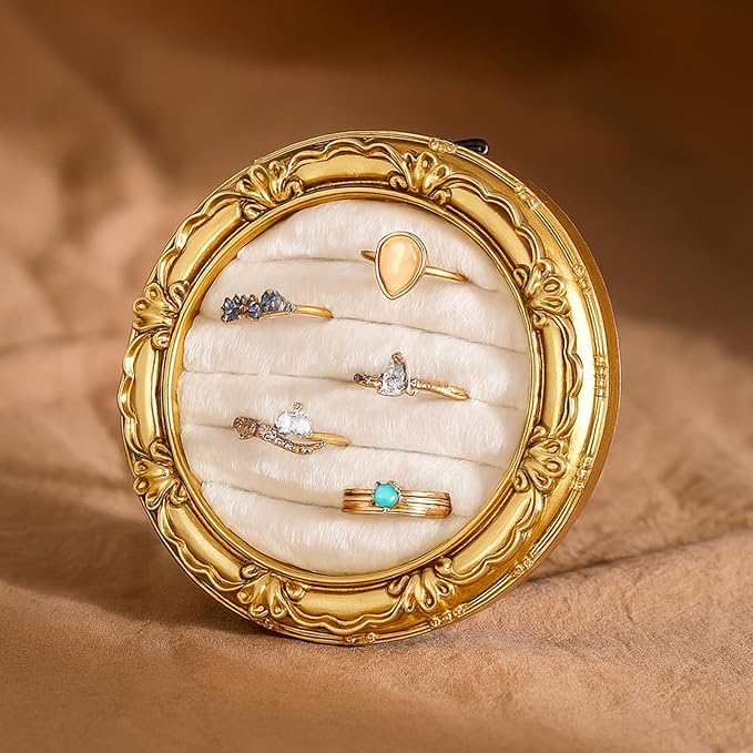 Vintage Ring Holder Round Gold Ring Wedding Display Suede Jewelry Box Stand Frame Earring Tray Anniversary Engagement Baroque Organizer Photograph Prop for Women Birthday Christmas Gift