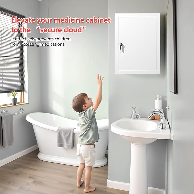 Locking Medicine Cabinet Wall-Mount: Storage Cabinet with Lock & Key - White Metal First Aid Kits for Family Safety and Childproofing