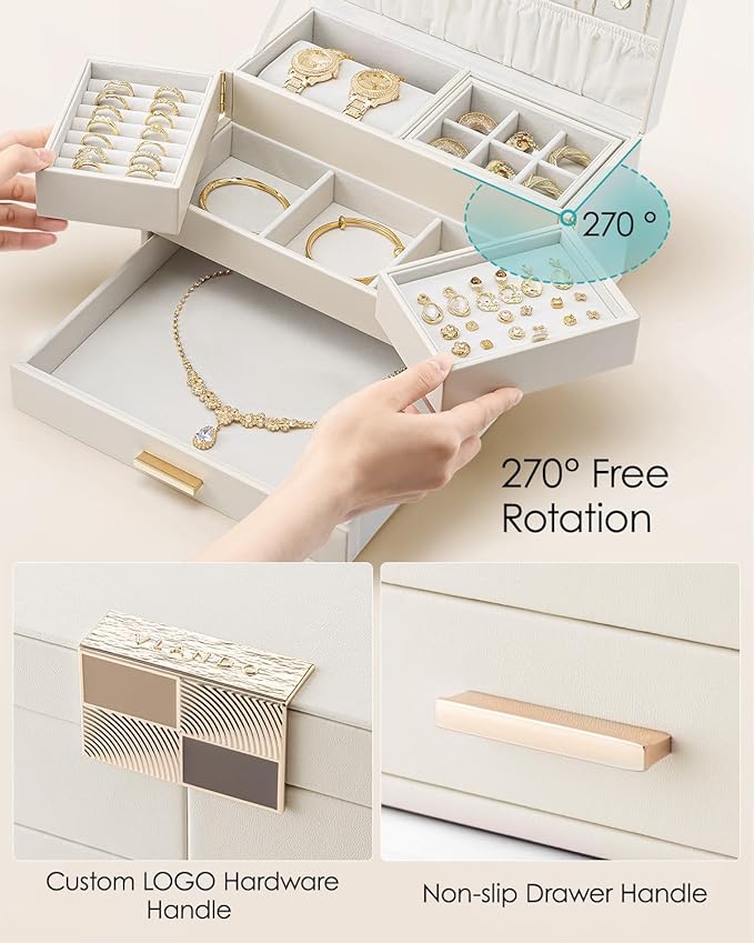 Vlando 3 Layer Jewelry Box - Women Jewelry Box with Retractable Tray - Jewelry Organizers with Drawer for Necklaces, Rings, Bracelets, Earrings, Valentines Gift for Mom Girls - Cloud White