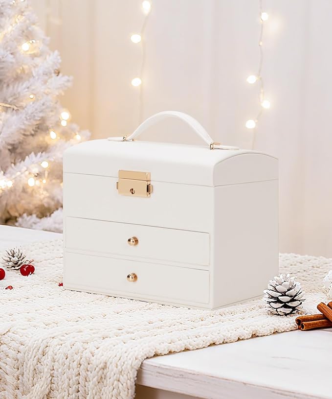 Homde Women Jewelry Box with Lock: 3 Layers Modern Organizer - White Storage for Ring Necklace Earring - Birthday Christmas Gifts for Girls