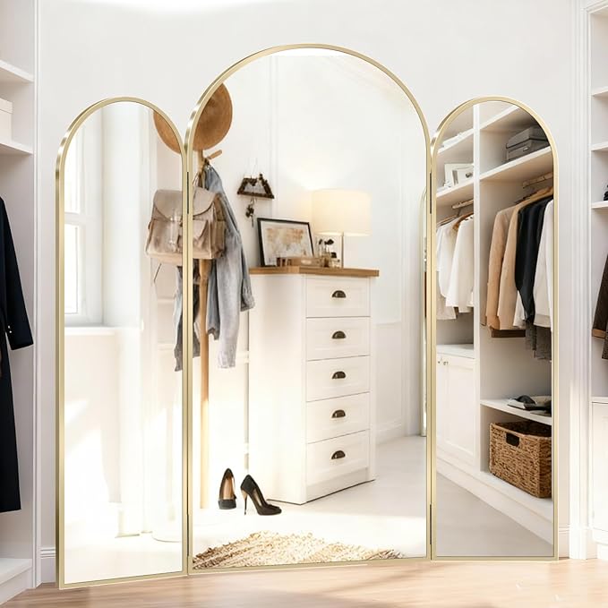 3-Way Full Length Trifold Mirror, 78"x76" Oversized Large Standing Mirror with Aluminum Alloy Thin Frame, for Wedding Dress/Clothing Shop/Closet, Gold