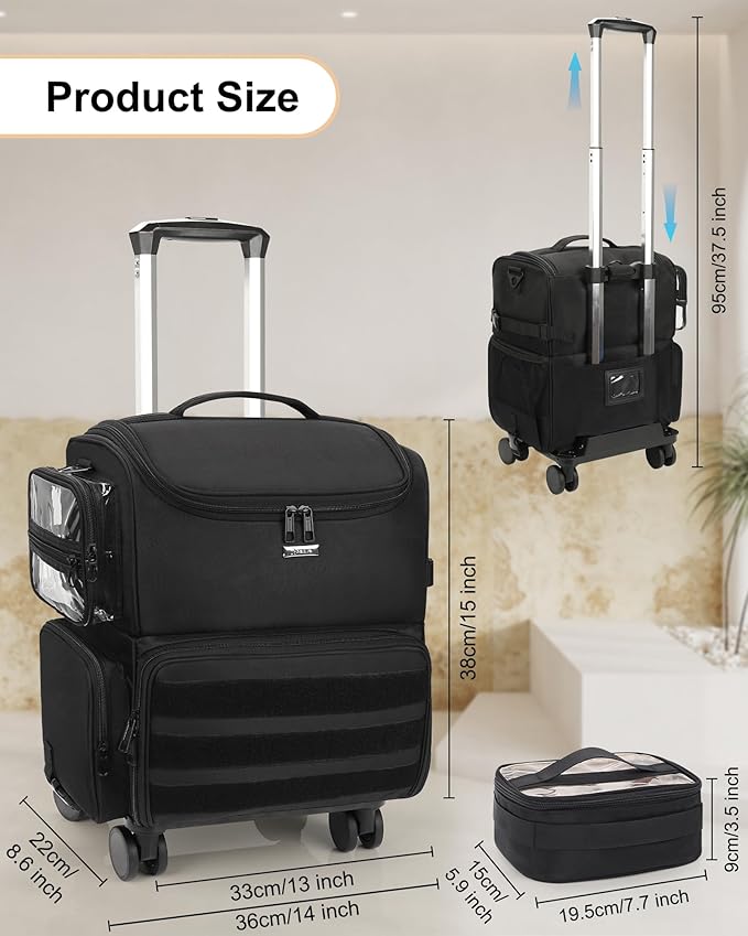 Relavel Rolling Makeup Train Case, Cosmetology Case on Wheels with 4 Clear Bags, Professional Makeup Artist Set Bags Cosmetic Storage Organizer with Adjustable Dividers, 360° Spinner Wheels, Black