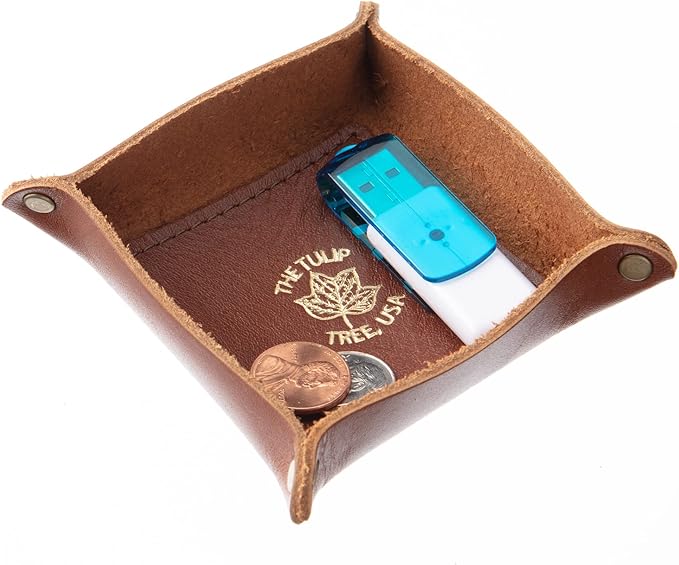 USA Handmade Premium Leather Valet Tray, Folds Flat! Dice Rolling Basket and Organizer with Brass Rivets (Chestnut, Mini)