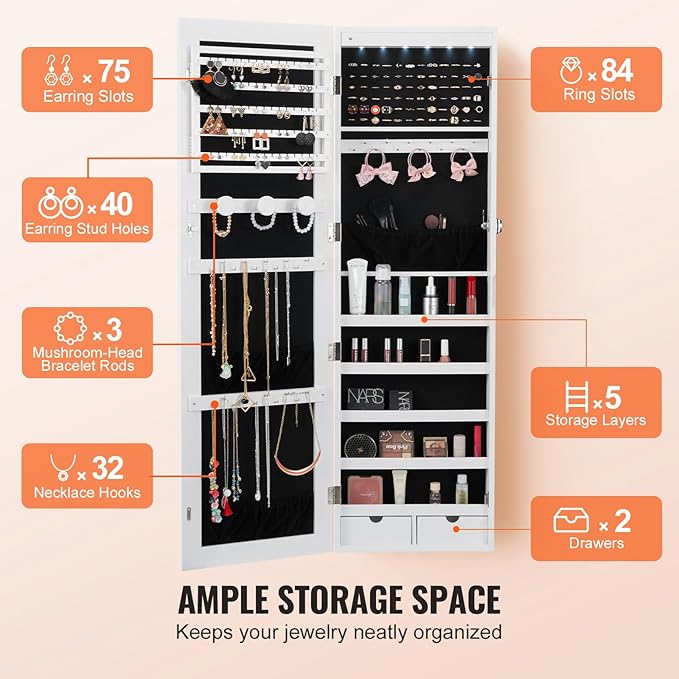 VEVOR Mirror Jewelry Cabinet, 47.2-Inch Tall Lockable Jewelry Armoire with Full-Length Mirror, Wall/Door Mounted Organizer with LED Lights and Velvet Lining, White