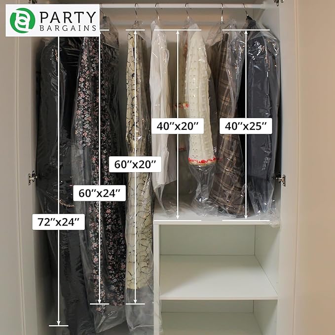 PARTY BARGAINS 60 x 24 Inch Disposable Clear Garment Bags, 50 Pack – Heavy-Duty Plastic Clothes Covers for Suits Dresses Coats, Closet & Travel