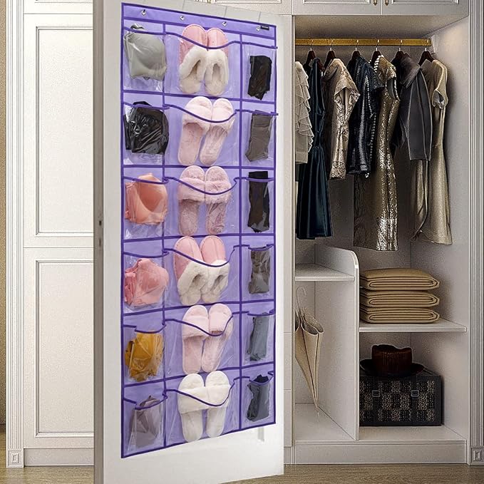 Over The Door Hanging Shoe Rack Organizer 18 Pockets Organizer with 6 Extra Large Clear Pockets for Shoe Holder Storage (18 Pockets-Purple)