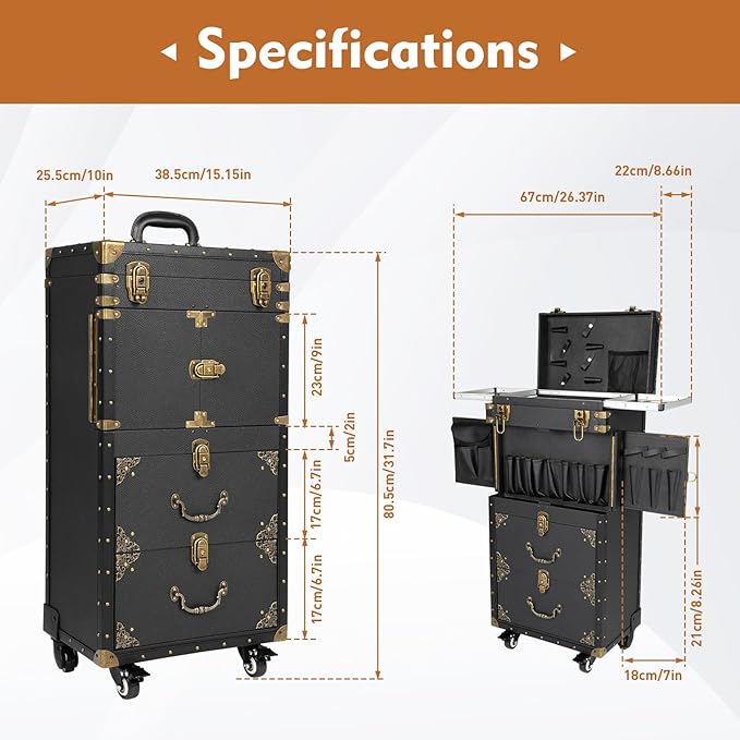 Rolling Lockable Makeup Train Case,Large Cosmetic Organizer Train Case Makeup Travel Case with 360° Swivel Wheels, Trolley Makeup Travel Organizer,Black