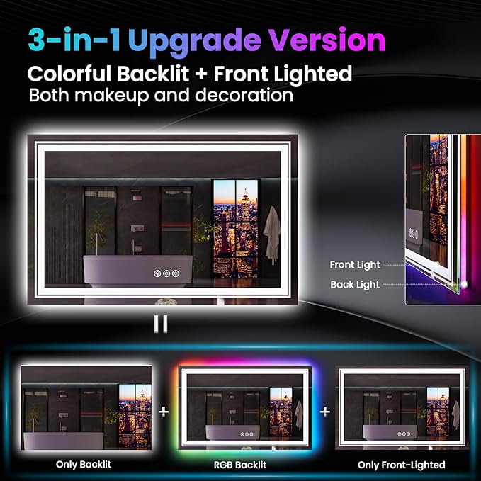LED Mirror for Bathroom, 72"X32" with 8 RGB Backlit +3 Front Lit (Adjustable Individually), Anti-Fog, Large Lighted Bathroom Vanity Mirror for Wall,Shatterproof,Memory Function,Tempered Glass