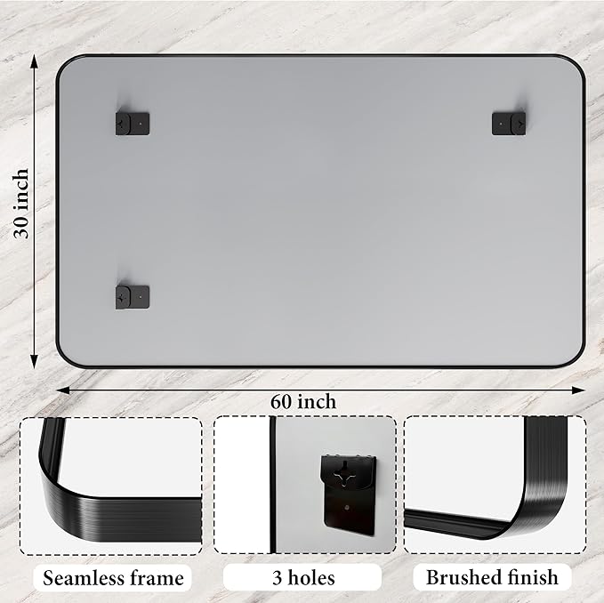 60X30 Inch Black Metal Framed Bathroom Mirror for Wall, Large Matte Vanity Rounded Rectangle Mirrors for Over Sink Wall, Modern Decorative for Restroom, Farmhouse, Horizontally or Vertically Hanging