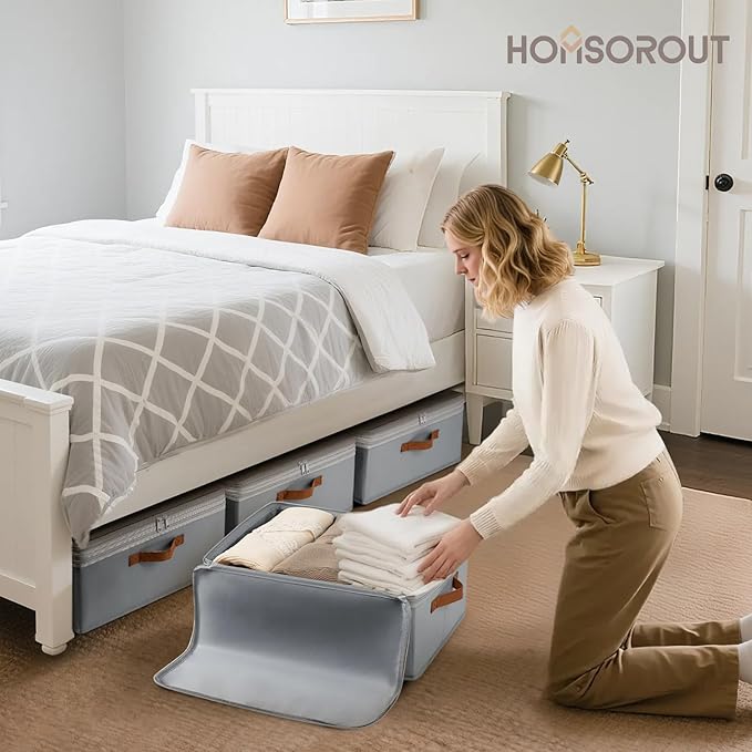 Homosorout Large Closet Storage Bins - Compression Organizer Bins, Stackable Closet Organizer, Expandable Under Bed Storage Containers for Clothes, Towels, Sheet, 4 Pack, Grey