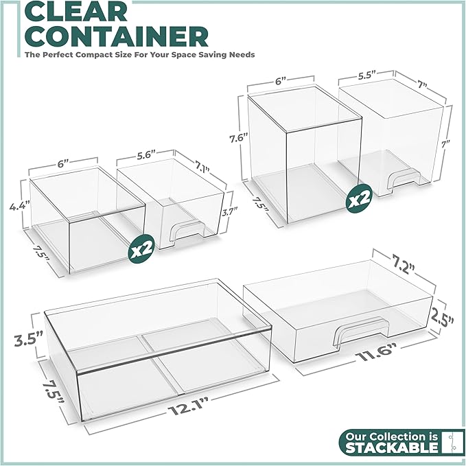 Sorbus Stackable Acrylic Storage Drawers – 2 Small + 2 Tall + 1 Wide – 5 Pack Clear Plastic Organizer Bins for Baby Bottles, Makeup, Bathroom & Vanity, Pull-Out Drawer Design for Kitchen Cabinets