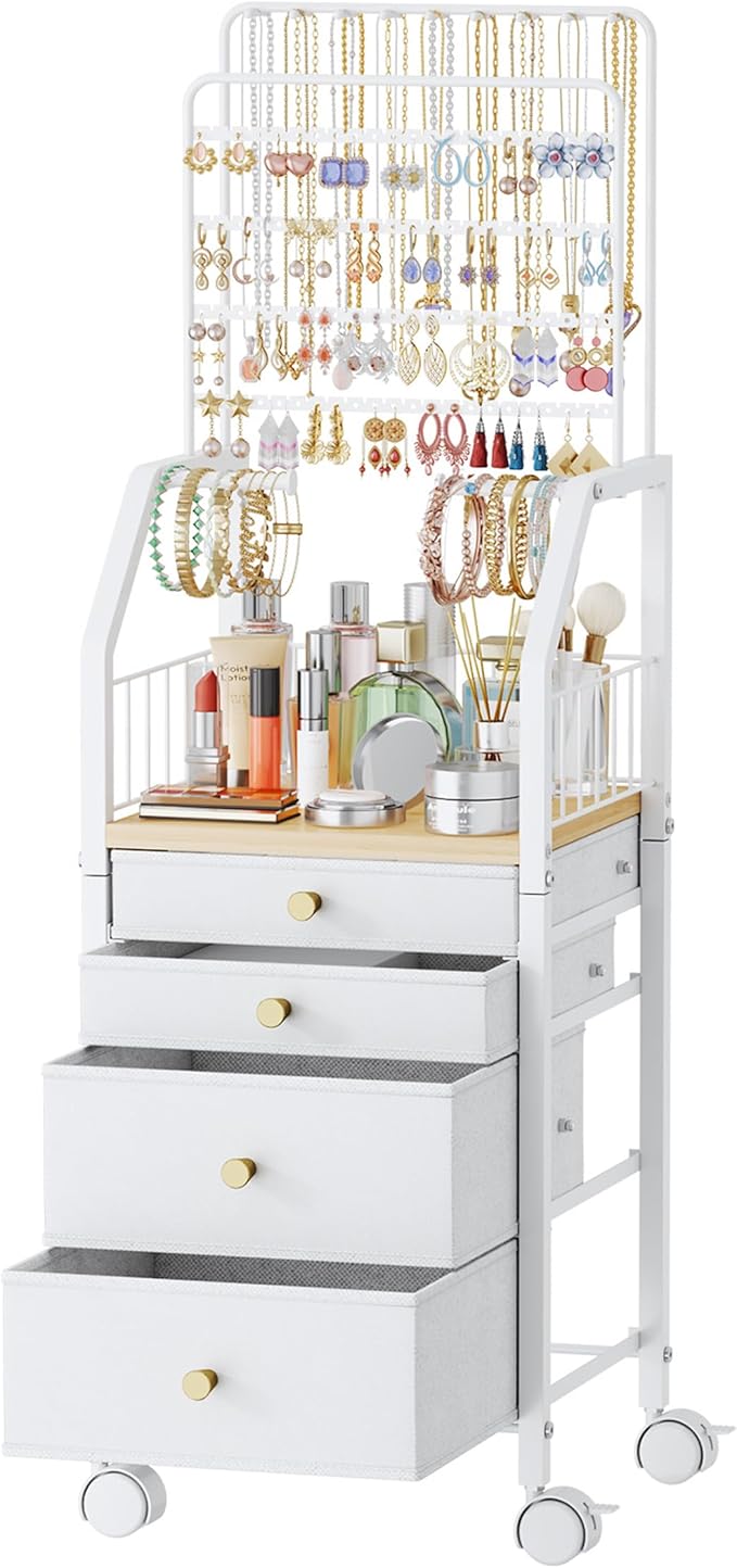 SWTYMIKI Large Jewelry Organizer Stand - Multifunctional Rack Tower for Necklace, Earring, Ring & Bracelet Display - Moveable Storage Jewelry Holder Stand with 4 Nonwoven Drawers for Bedroom White