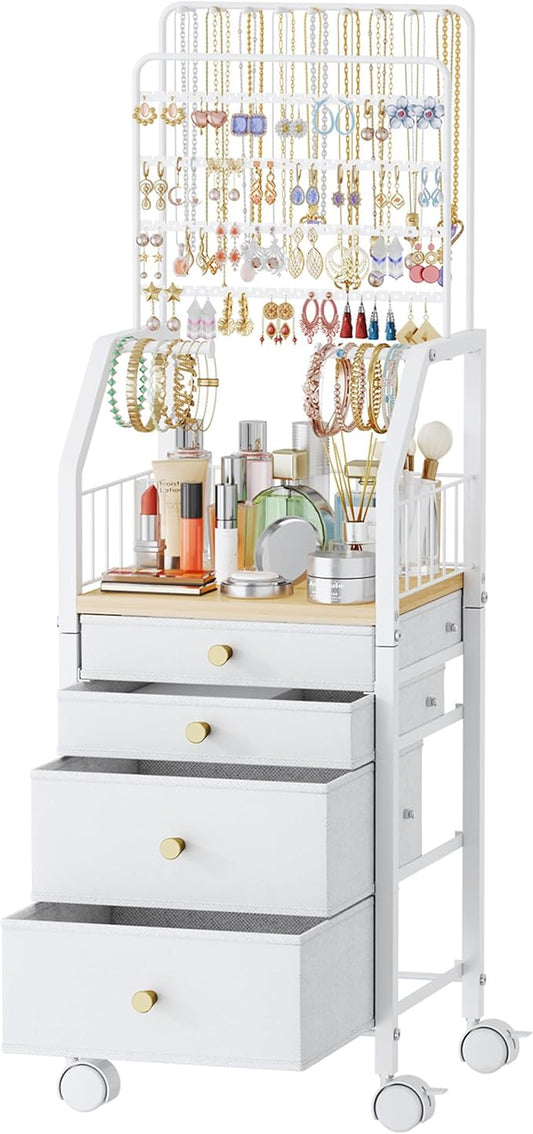 SWTYMIKI Large Jewelry Organizer Stand - Multifunctional Rack Tower for Necklace, Earring, Ring & Bracelet Display - Moveable Storage Jewelry Holder Stand with 4 Nonwoven Drawers for Bedroom White