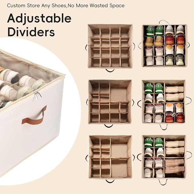 2-Pack Shoe Storage Organizer for Closet - Large Capacity Fits 16-32 Pairs, Clear Cover with Reinforced Handles, Adjustable Dividers, Dustproof Stackable Containers, Beige