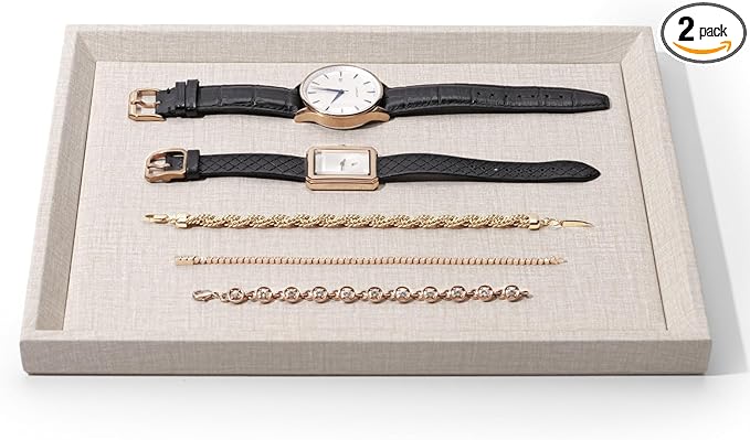 Leather Jewelry Tray Stackable Jewelry Drawer Organizer Display Tray With Linen Texture For Necklace Bracelet Watch Pendant Display Showcase(Large)
