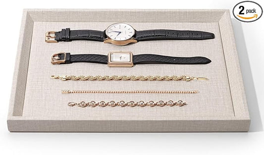 Leather Jewelry Tray Stackable Jewelry Drawer Organizer Display Tray With Linen Texture For Necklace Bracelet Watch Pendant Display Showcase(Large)