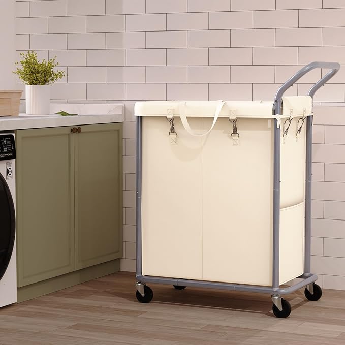 Laundry Hamper 2 Section, Rolling Laundry Basket with Wheels, Laundry Cart with Removable Liner, 37 Gallons (140L) Clothes Hamper, Blanket Dirty Clothes Basket Steel Frame with Handle(Beige)