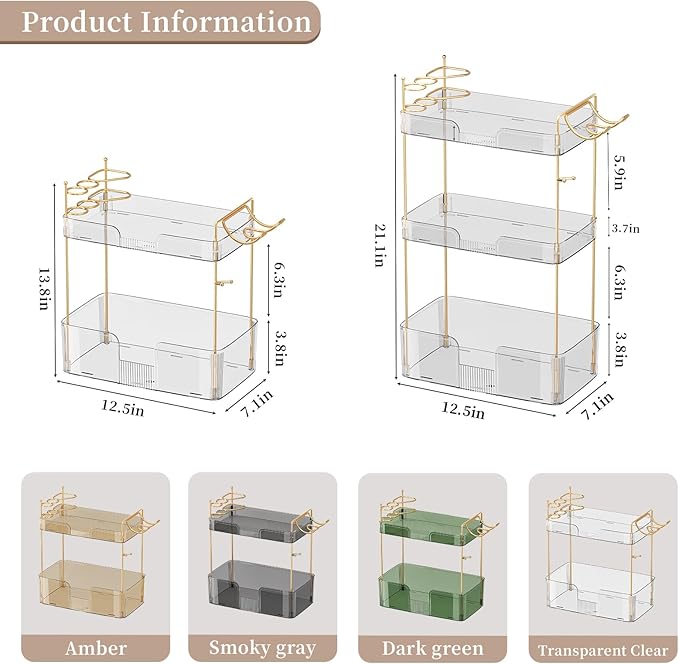 YCIA&DONE Luxury Bathroom Counter Organizer, Large Makeup Organizer Countertop, Shelf Organizer, Vanity Tray, Easily Assemble for Bathroom Organizers and Storage, Undersink, Cabinet, 3 Tiers Clear