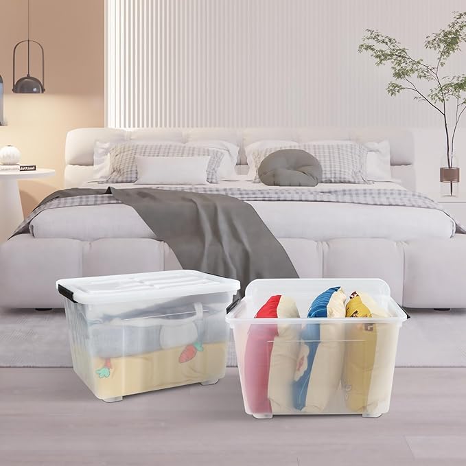 4-Pack Plastic Storage Box, 50 L Clear Large Storage Bin with Wheels