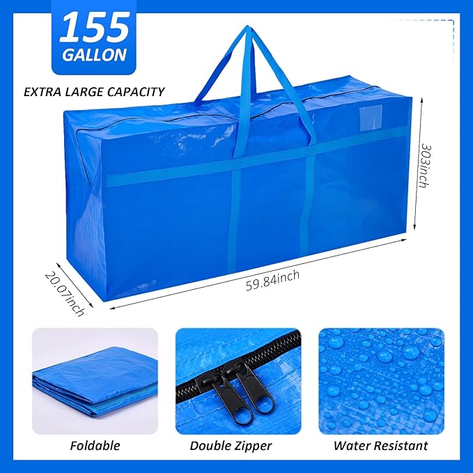 Windyun 4 Pack 155 Gallon Extra Large Moving Bags XXL Heavy Duty Storage Bag with Strong Zipper Handle Jumbo Big Tote Box Foldable for College Dorm Travel Clothes Duffle Blanket Pillow(Blue)