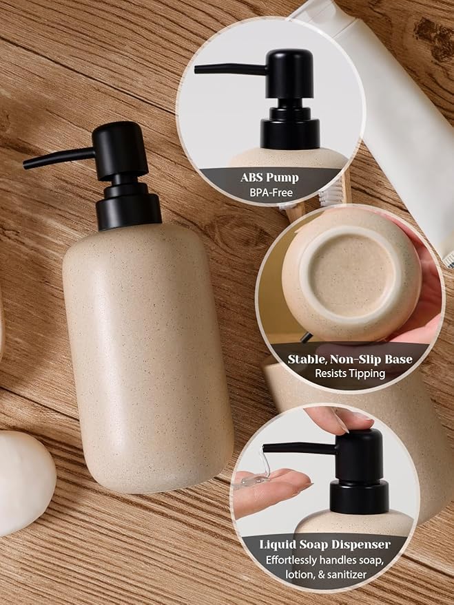 INGOFIN 3 Pcs Ceramic Bathroom Accessory Set - Liquid Soap Dispenser, Toothbrush Holder & Tray, Bathroom Counter Set, Countertop Essentials for Home, Guest Bathroom, or Office Use, Beige
