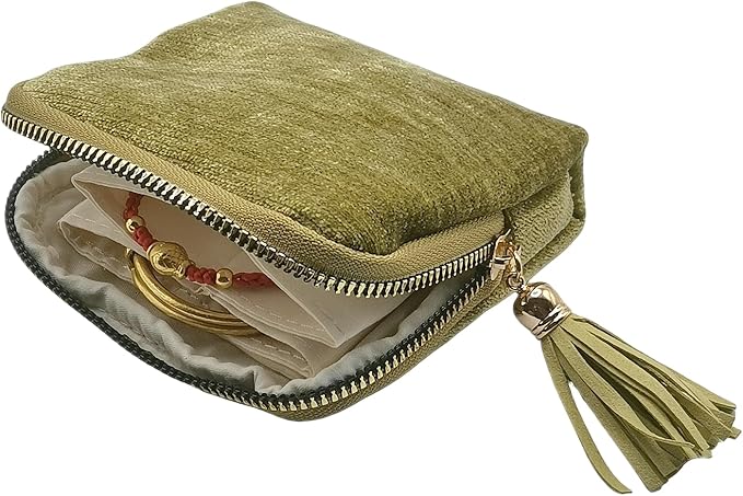 Small Travel Jewelry Case - Jewelry Travel Organizer Bag with Tassel Zipper for Bracelets, Necklaces, Bangles, Jewelry Organizer Storage Bag Gift for Women Girls - LJB001-Olive Green